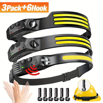3 Pack Rechargeable COB LED Headlamp 230° Wide Beam Motion Sensor 5 Modes with 6 Hooks – Bright Headband Flashlight for Camping Hiking Work Hard Hat Forehead Head Light for Adults (Single/Dual/Triple Strip)