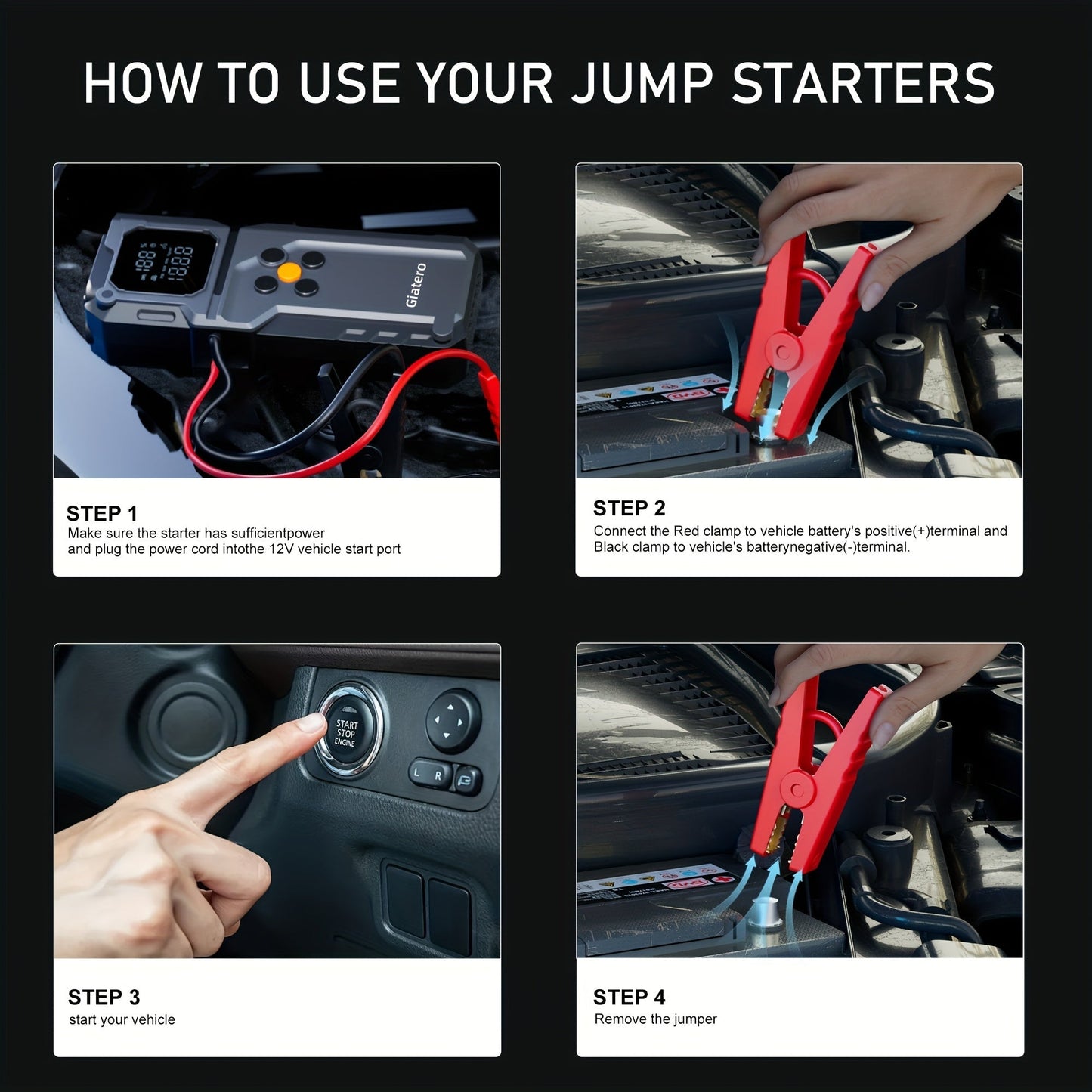 10000A Jump Starter with Air Compressor 160 PSI, Portable Car Battery Jump Starter Pack for Gas & Diesel Engines, USB-C QC 3.0 Fast Charge, Large Display, 3-Mode LED Flashlight, Jumper Cables Included – Giatero Q27