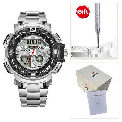Men's Dual Display Sport Watch – Large Face LED Night Light, 3ATM Waterproof, Chronograph, Alarm & Calendar, Field Style Wristwatch in Gold & Silver