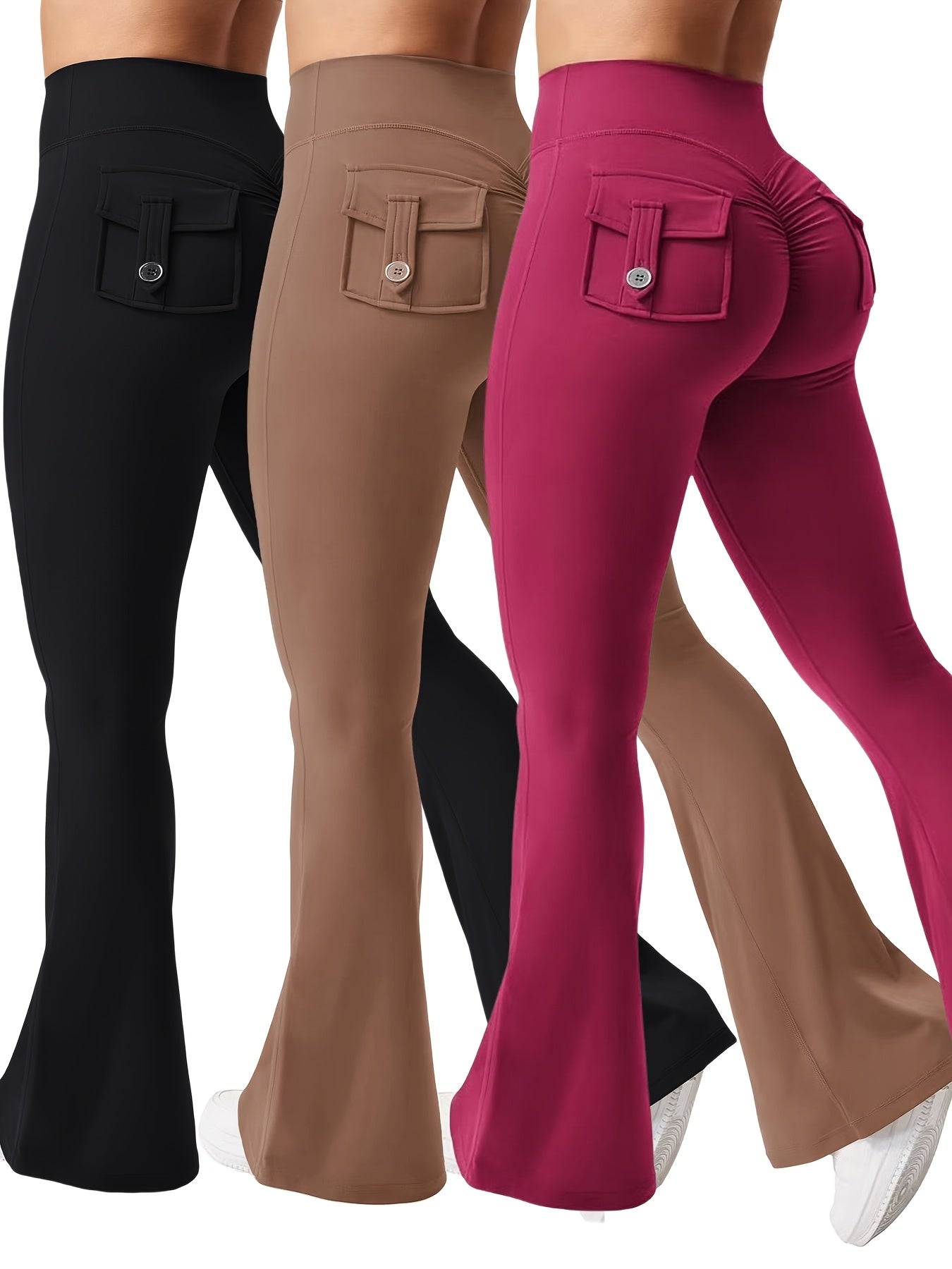 Women's 3-Piece High Waist Flare Yoga Pants Set with Belt and Pockets, Scrunch Butt Lifting Squat Proof 90% Polyester Stretchy Flared Leggings for Workout Gym Running Casual Wear