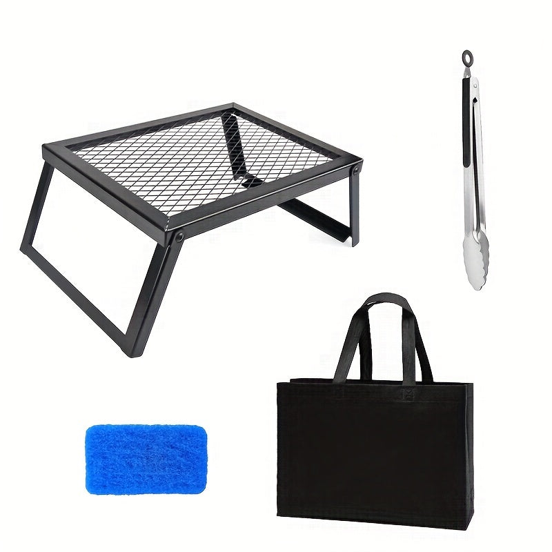 Heavy Duty Bonfire Campfire Grill with Firewood Rack – Outdoor BBQ Grill for Camping, RV, Picnic & Backyard, Includes Storage Bag, Food Clips & Cleaning Cloth, Perfect Men's Gift