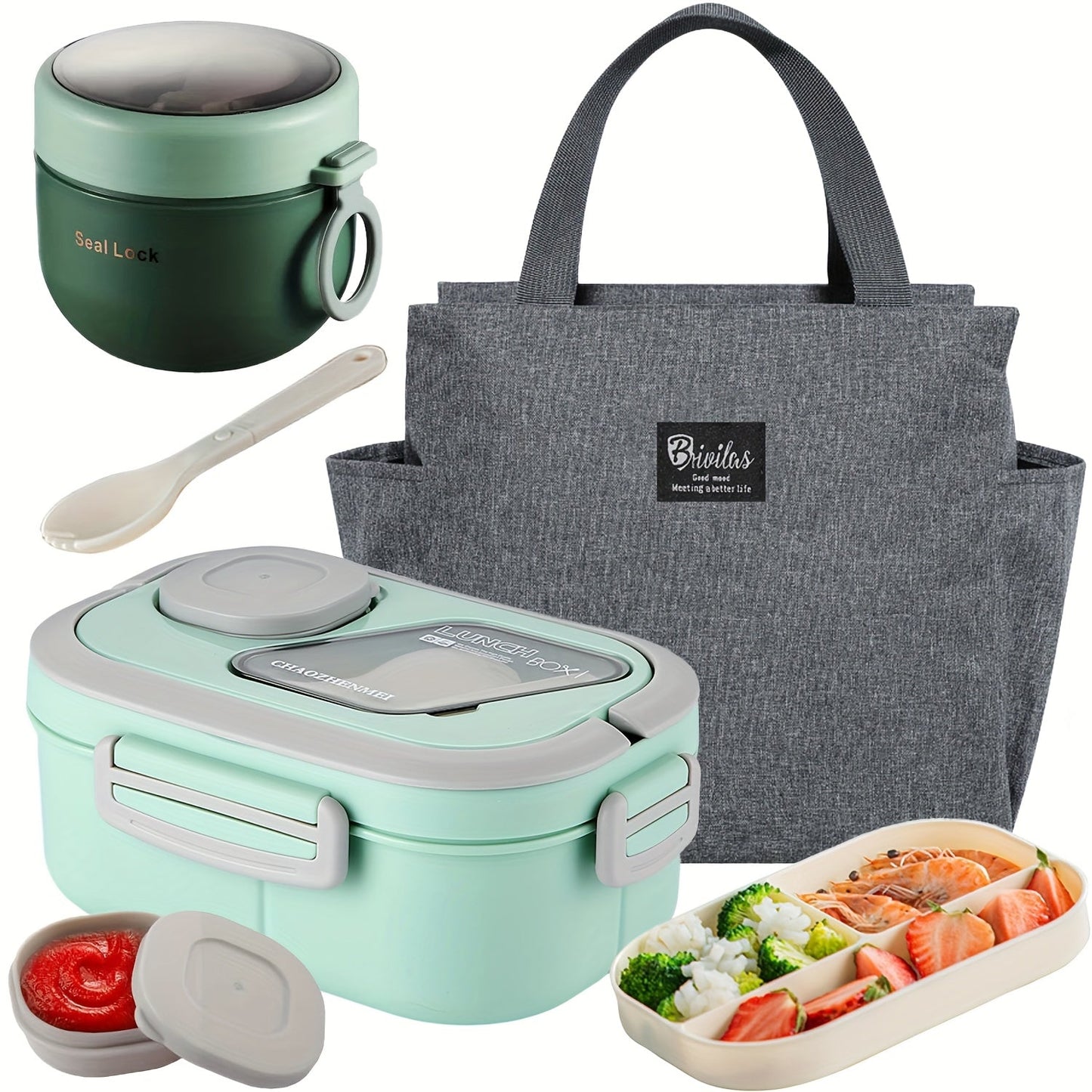2-Layer Bento Lunch Box Set with Cup & Insulated Lunch Bag – Multi-Grid Leakproof Food Container for School, Office & Picnic, Choose Salad, Coffee, Milk or Soup Cup, Pink Green Blue White