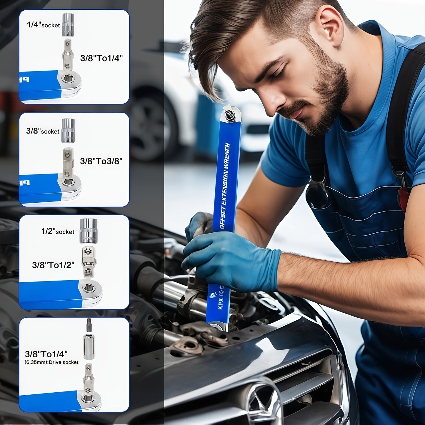 2-in-1 Ratchet Offset Extension Wrench 180° Swivel – 1/2", 1/4" & 3/8" Square Drive Adapters, High Torque Non-Slip Handle, Durable Metal for Automotive Repair, Tight Spaces & DIY Hand Tool Work
