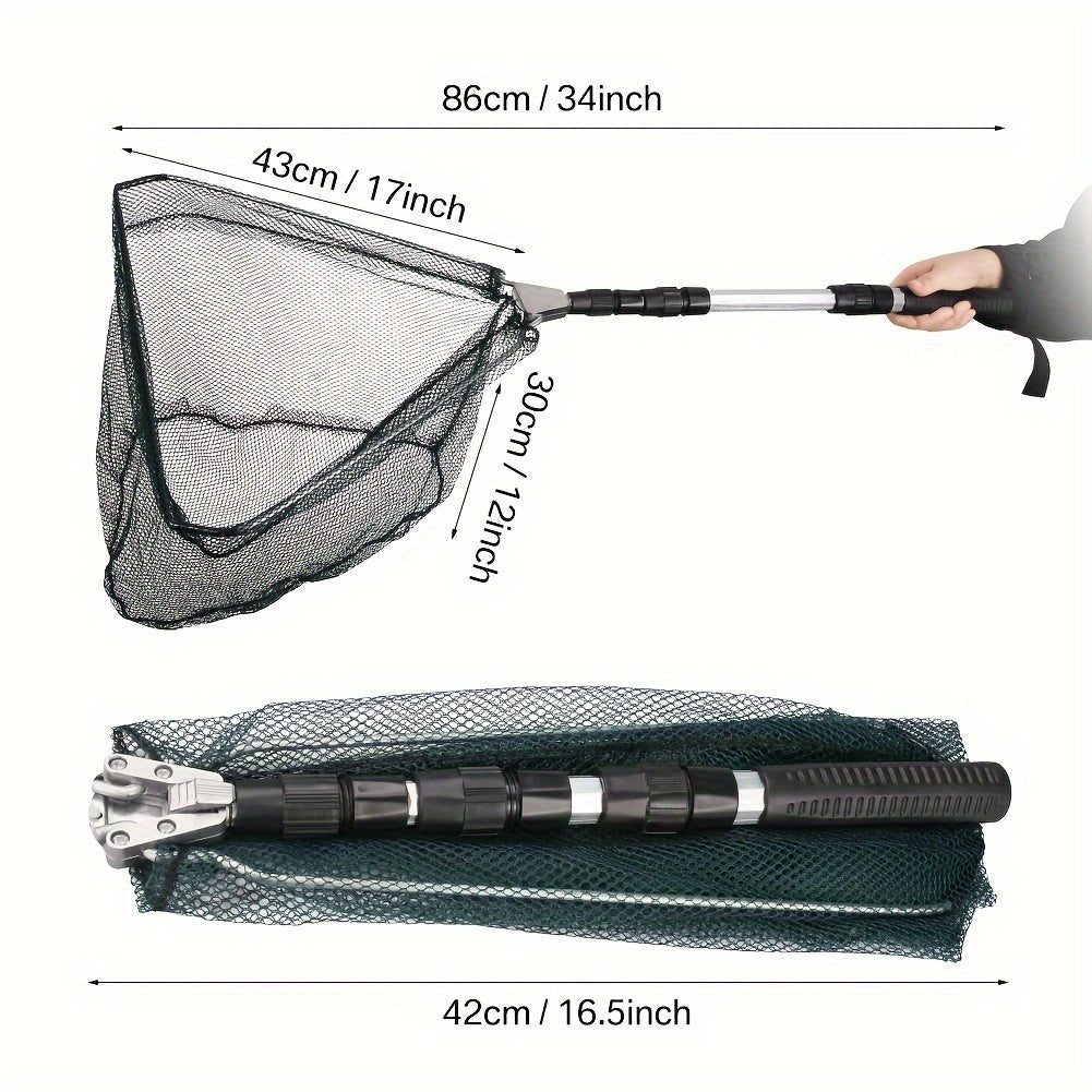 Foldable Fishing Landing Net with Telescoping Aluminum Alloy Pole – 3 Sizes 86CM 110CM 130CM, Collapsible Metal Net for Fish Crab Crayfish Shrimp, Portable Fishing Gear