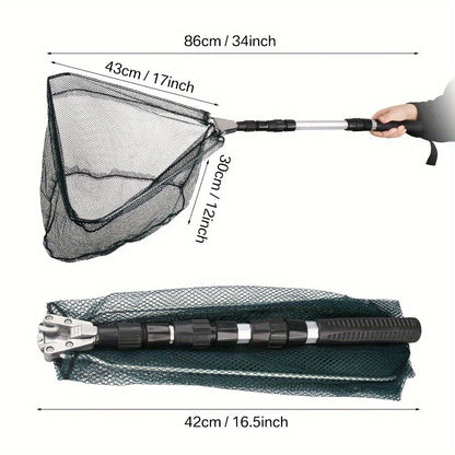 Foldable Fishing Landing Net with Telescoping Aluminum Alloy Pole – 3 Sizes 86CM 110CM 130CM, Collapsible Metal Net for Fish Crab Crayfish Shrimp, Portable Fishing Gear