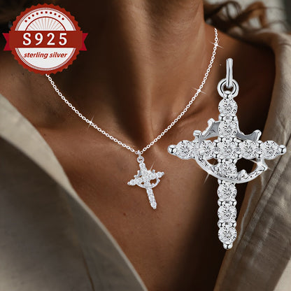S925 Sterling Silver Cross Crown Pendant Necklace for Women – Vintage Luxury Hypoallergenic Jewelry for Daily Wear, Vacation & Banquet, Elegant Gift