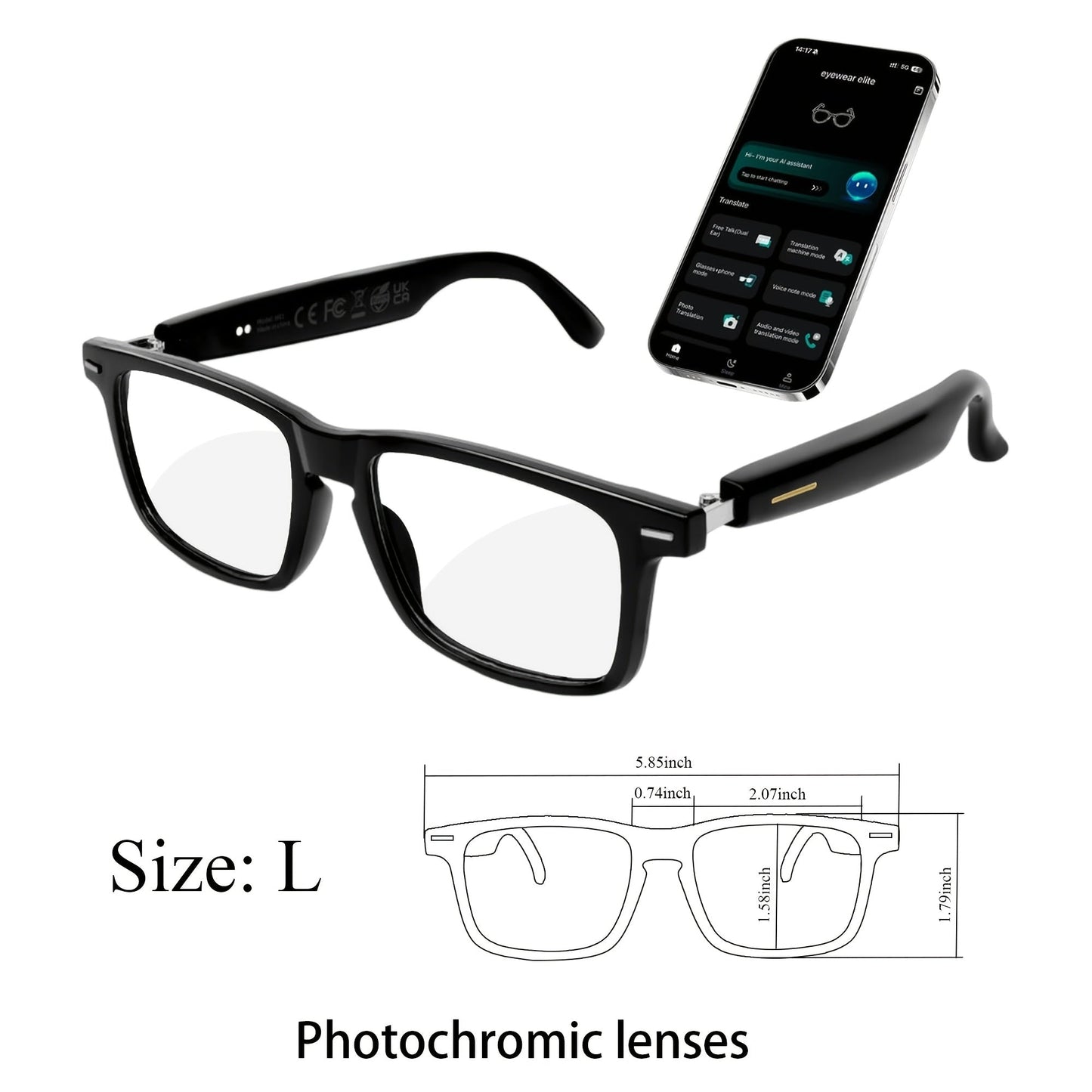 AI Smart Glasses with Real-Time 160-Language Translation, GPT Chat Assistant, Bluetooth 5.2 Audio, Hands-Free Calling, Music Playback, Photochromic & Anti-Blue Light Lenses – Unisex Wearable Tech