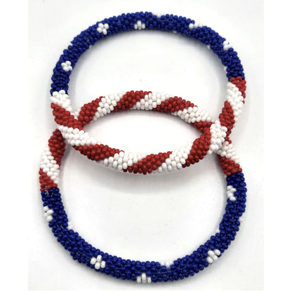 Set of 2 Handmade USA Flag Patriotic Glass Bead Bracelets – Boho Roll-On Crochet Bangles for Men & Women, Nepal Artisan Jewelry, Red White Blue Beaded Bracelet Set, 4th of July Gift