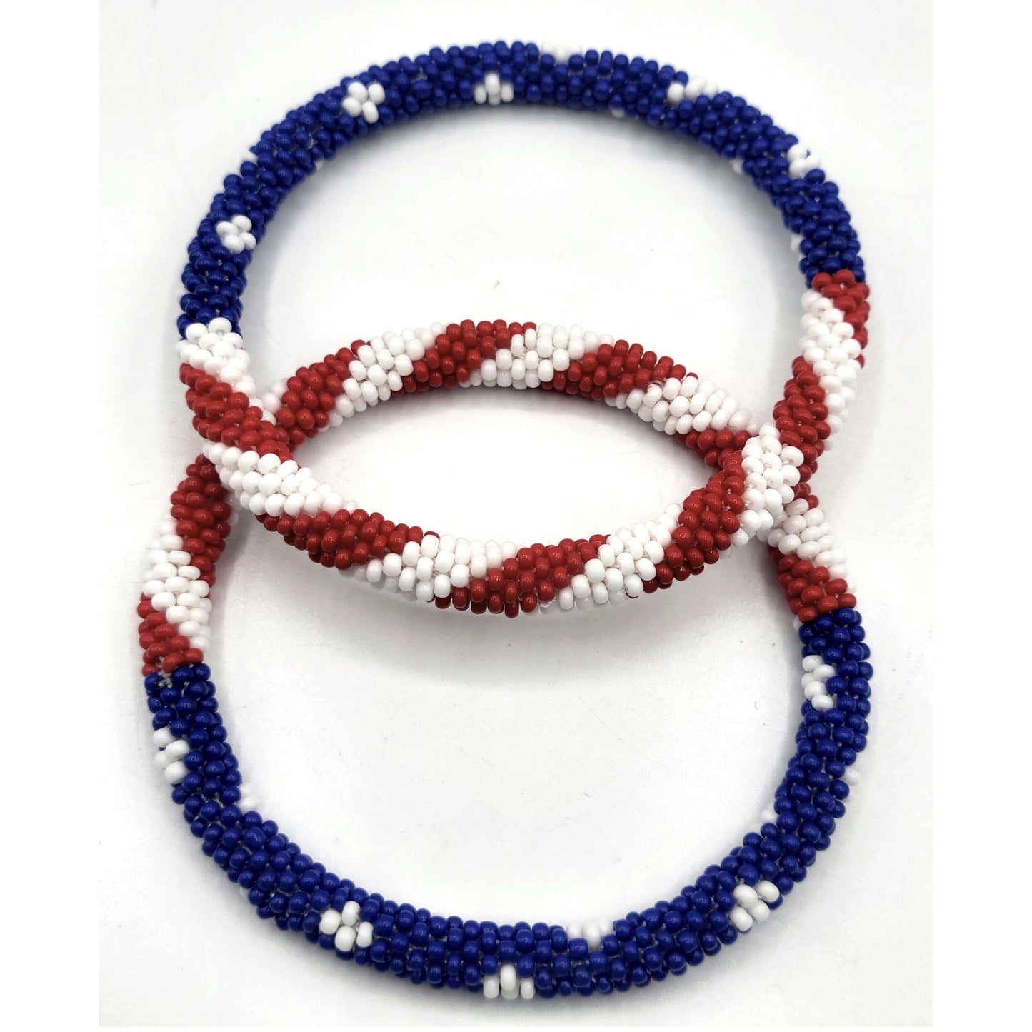 Set of 2 Handmade USA Flag Patriotic Glass Bead Bracelets – Boho Roll-On Crochet Bangles for Men & Women, Nepal Artisan Jewelry, Red White Blue Beaded Bracelet Set, 4th of July Gift