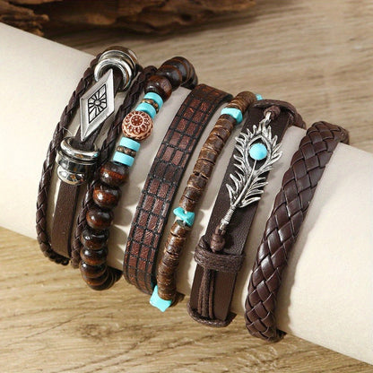 24pcs Boho Western Turquoise Bracelet Set – Multi-Layer Woven Feather, Wooden Bead & Alloy Charms, Retro Stackable Bracelets for Women, Party Favor & Gift for Her