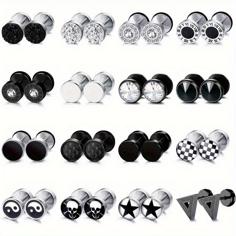 16-Pair Fake Gauge Stud Earrings for Men & Women – 316L Stainless Steel Faux Plug Screw Barbell Ear Studs, 8mm Black & Silver Assorted Styles, Hypoallergenic Earring Set Gift
