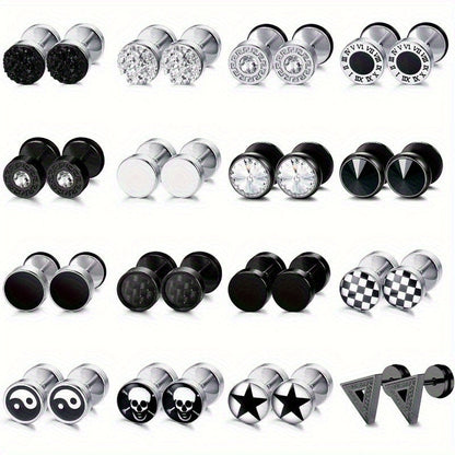 16-Pair Fake Gauge Stud Earrings for Men & Women – 316L Stainless Steel Faux Plug Screw Barbell Ear Studs, 8mm Black & Silver Assorted Styles, Hypoallergenic Earring Set Gift