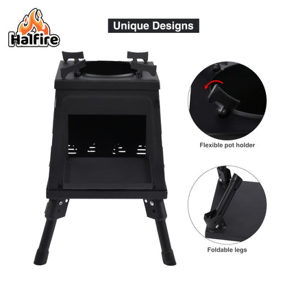 Portable Wood Burning Camp Stove – Heavy-Duty Iron Campfire Stove with Sturdy Legs & Air Vents, Firewood & Charcoal Compatible, No Electricity Needed, Outdoor Cooking for Hiking Backpacking BBQ Picnic Travel