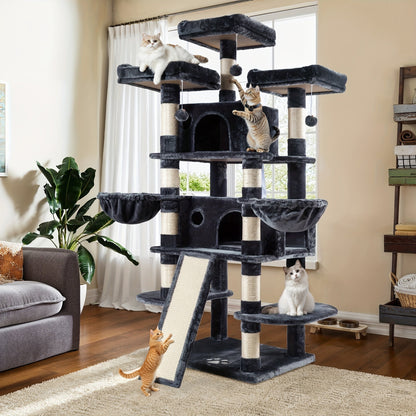 WEEWAY Corner Cat Tree Tower for Indoor Cats 36–81 Inch – Multi-Level Cat Furniture with Sisal Scratching Posts, Condo Cave, Hammock, Ramps, Plush Perches, Basket & Pompom Toys, Perfect Cat Gift