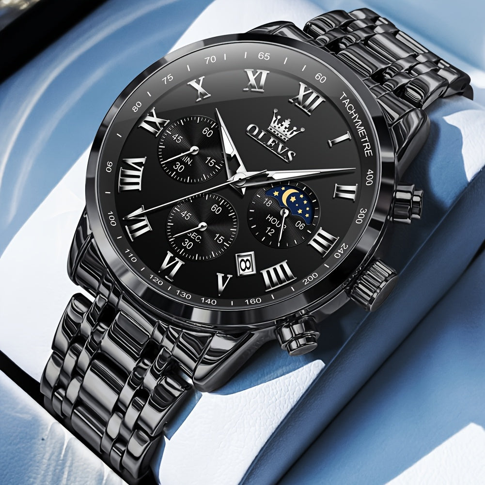 OLEVS Men's Luxury Stainless Steel Watch – Chronograph, Roman Numerals, Moon Phase Display, Luminous Analog Quartz Dress Watch for Men, 8 Color Options, Perfect Business & Gift Watch