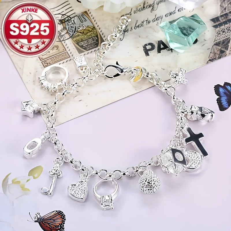 925 Sterling Silver Charm Bracelet for Women - Vintage CZ Cubic Zirconia Inlay Lightweight 2.5g Elegant Wrist Jewelry for Daily Wear, Music Festivals, Birthday & Holiday Gifts