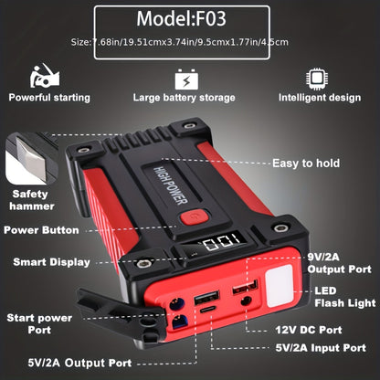 Portable Car Jump Starter Power Pack 1600A–3000A 12V Battery Booster – Compact Emergency Start for Gas & Diesel Engines with USB Charge Ports & LED Flashlight