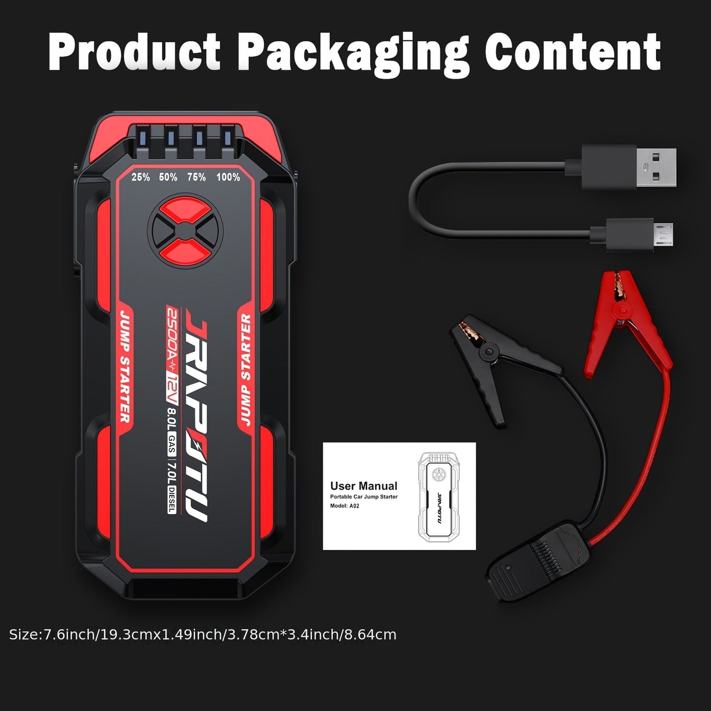 Portable Car Jump Starter 2500A Peak | 8000mAh-10000mAh 12V Battery Booster Pack, Up to 30 Starts, USB Charging Ports & LED Flashlight – Fits Gas 7.0L & Diesel 8.0L Engines, Trucks, SUVs, Motorcycles