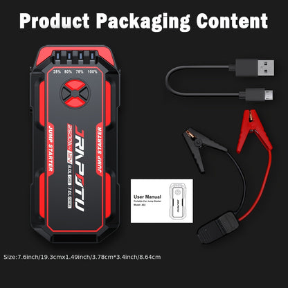 Portable Car Jump Starter 2500A Peak | 8000mAh-10000mAh 12V Battery Booster Pack, Up to 30 Starts, USB Charging Ports & LED Flashlight – Fits Gas 7.0L & Diesel 8.0L Engines, Trucks, SUVs, Motorcycles