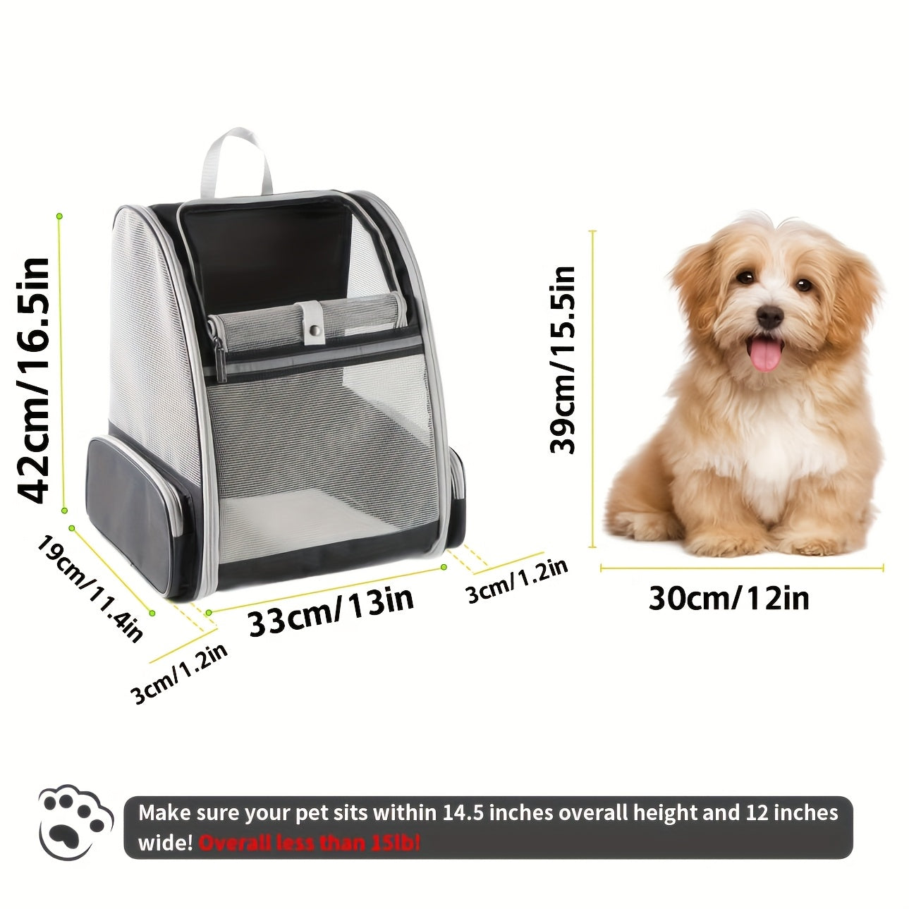 Foldable Ventilated Pet Carrier Backpack for Cats & Dogs – PVC Mesh Airflow, Chest Harness, Removable Mat, Fits Cats up to 18 lbs & Dogs up to 15 lbs, for Travel, Hiking, Flights & Car Rides