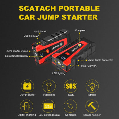 Car Jump Starter with Air Pump & Digital Tire Pressure Gauge – 12V Portable Emergency Starter for Cars, Trucks, SUV, RV & Motorcycles, LED Display, SOS Light & Window Breaker