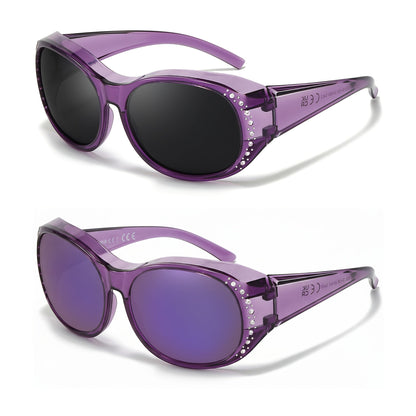 2-Pack Women's Polarized Fit Over Glasses for Prescription Eyeglasses – Rhinestone Accent Wraparound Sunglasses, Anti-Glare Polarized Lenses, No Adapter Needed, Multiple Color Options