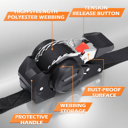 Retractable Ratchet Tie Down Straps 4-Pack Heavy Duty Self-Retracting – 2pcs 10 Ft Auto Cargo Straps for Truck, Trailer, Motorcycle, Moving & Appliances Securing