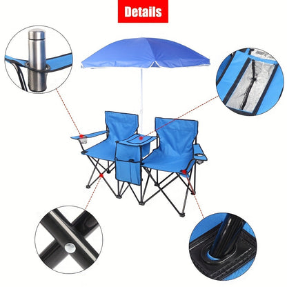 2-Person Outdoor Folding Chair with Removable Sun Umbrella – Portable Loveseat Camping Chair with Handrails for Fishing Beach Sunbathing Picnic