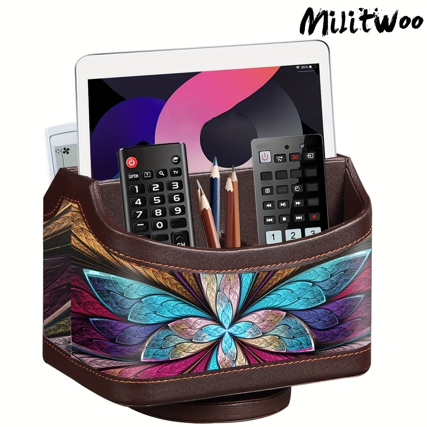 360° Swivel Remote Control Holder – 5-Compartment PU Leather Desk Organizer for TV Remotes, Phones, Eyeglasses, Pens & Office Accessories, Rotating Desktop Storage Caddy