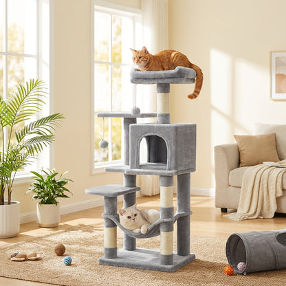 Multi-Level Cat Tree Tower 44-66 Inch with Hammock Sisal Scratching Posts Cozy Cave Perches Anti-Tilt Stable Cat Condo for Multi-Cat Families Kittens & Cats Gift