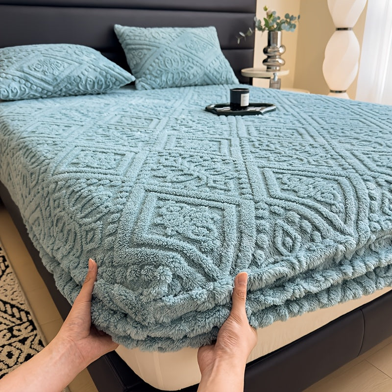 European Embossed Soft Bed Sheet Deep Pocket All Season | Super Soft Machine Washable Mattress Cover | Twin Full Queen King Bedding | Warm Breathable Fitted Sheet | White Gray Khaki Blue Green