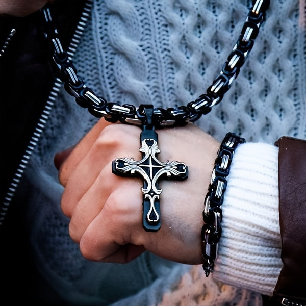 Men's Stainless Steel Cross Necklace Set 2pcs Cuban Chain with Cross Pendant Retro Hip Hop Fashion Jewelry for Men - Bold Statement Necklace Gift for Him Birthday Christmas