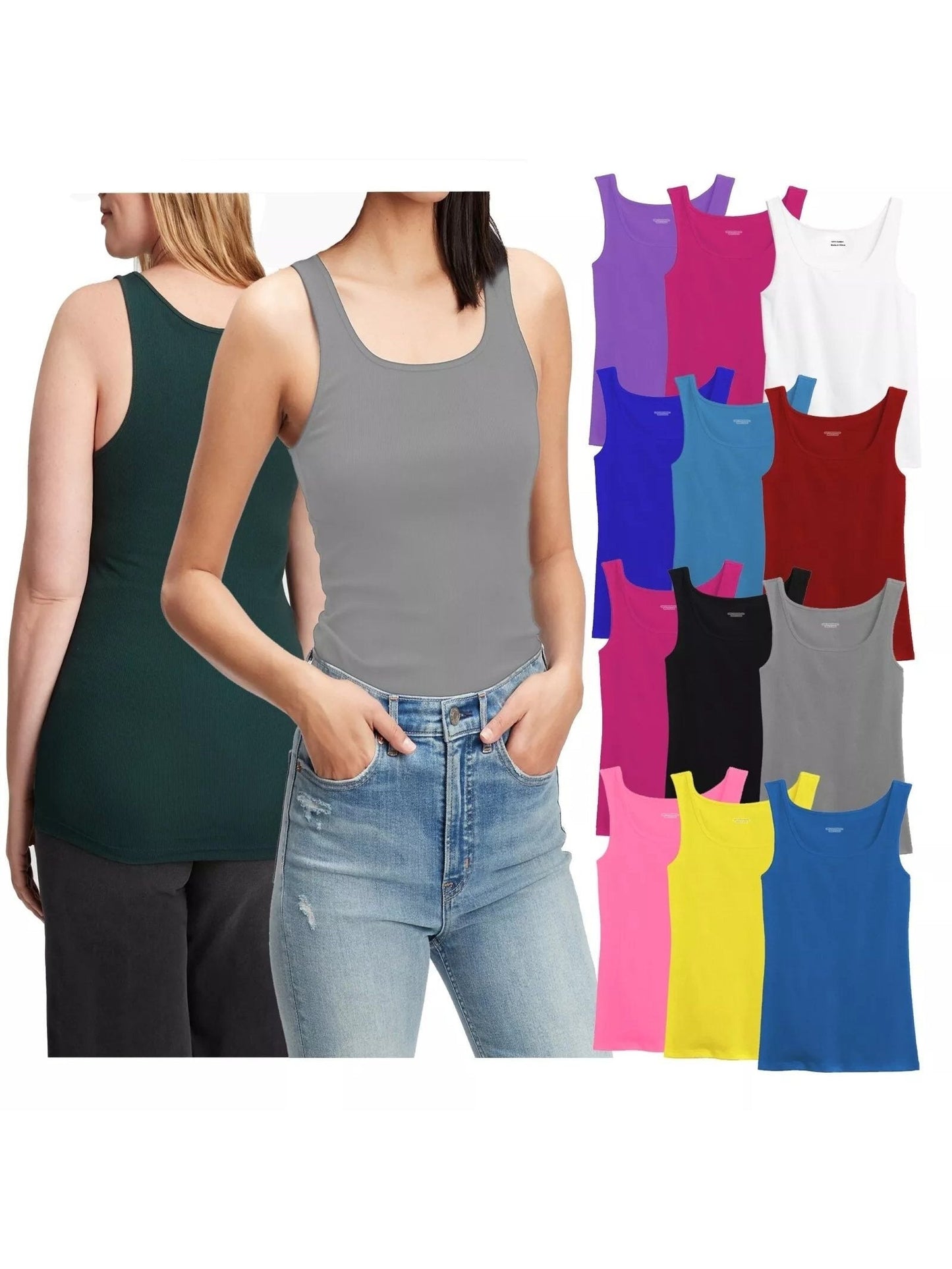 Women's 100% Cotton Ribbed Tank Top Tagless Sleeveless Round Neck Multipack 3 6 9 12 Pcs Random Colors S-XXL Everyday Wear