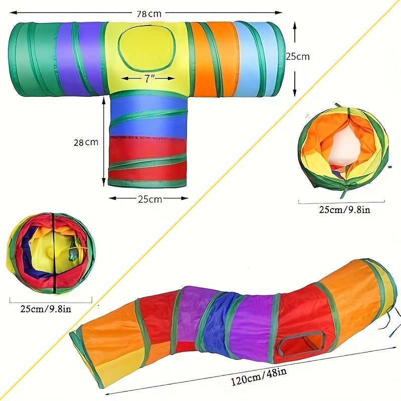 Collapsible Cat Tunnel with Ball & Peek Holes – 3-Way S-Shaped Foldable & Connectable Rainbow Tube Toy for Indoor Cats & Kittens, Customizable Play Layout