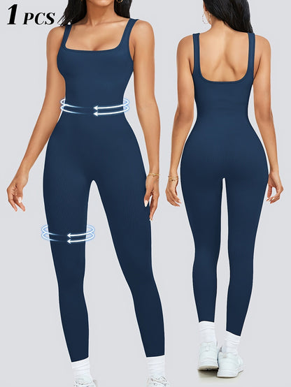 Women's Sleeveless Square Collar Jumpsuit – 90% Nylon Stretch Fabric, Thick & Opaque Active Wear for Yoga, Pilates, Running, Fitness & Everyday Events, Sizes S-XL, Multiple Colors