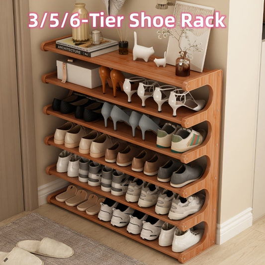 Shoe Rack 3/5/6 Tier Wood Grain Cube Organizer | Multi-Layer Space-Saving Shoe Storage Shelf | Easy No-Tool Assembly | Self-Standing Shoe Tower for Entryway Closet Dorm Bedroom | Brown