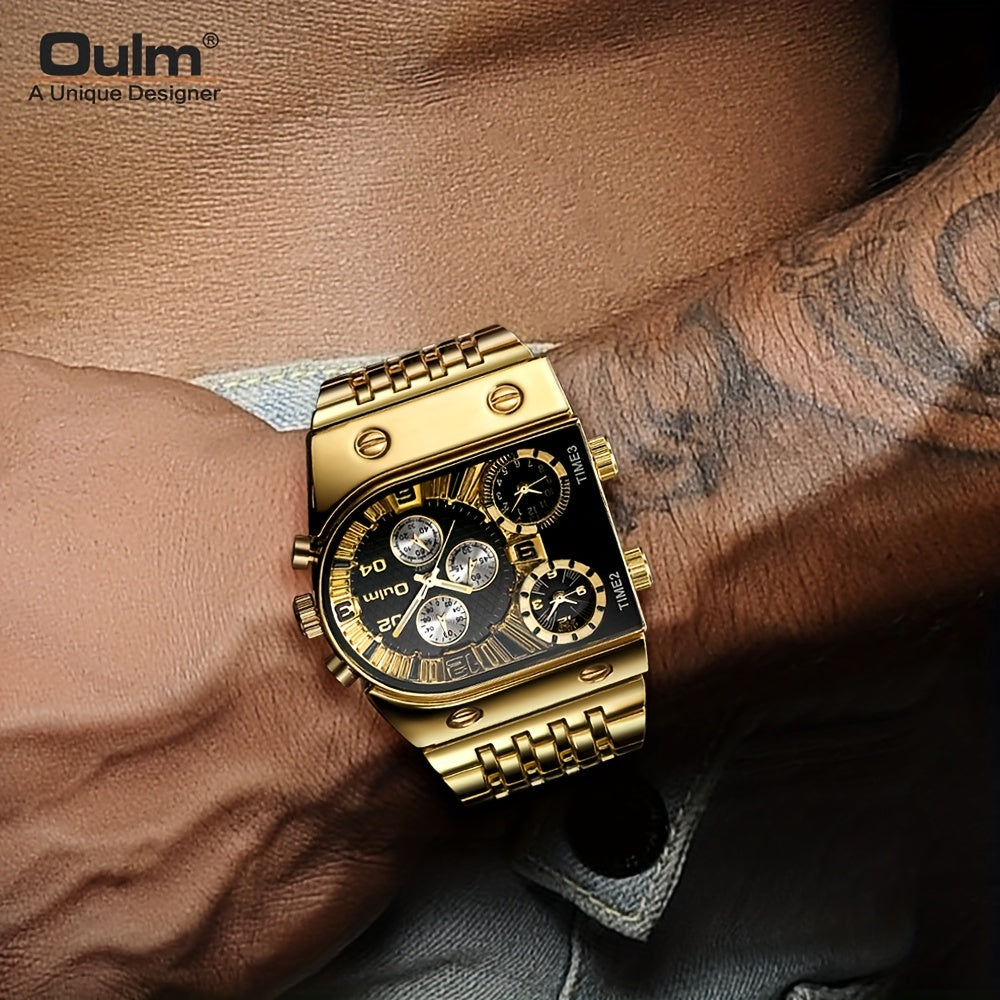 Oulm Men's Multi Time Zone Large Dial Stainless Steel Band Business Quartz Watch Dual Display Black Blue Gift for Him