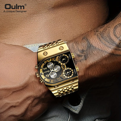Oulm Men's Multi Time Zone Large Dial Stainless Steel Band Business Quartz Watch Dual Display Black Blue Gift for Him