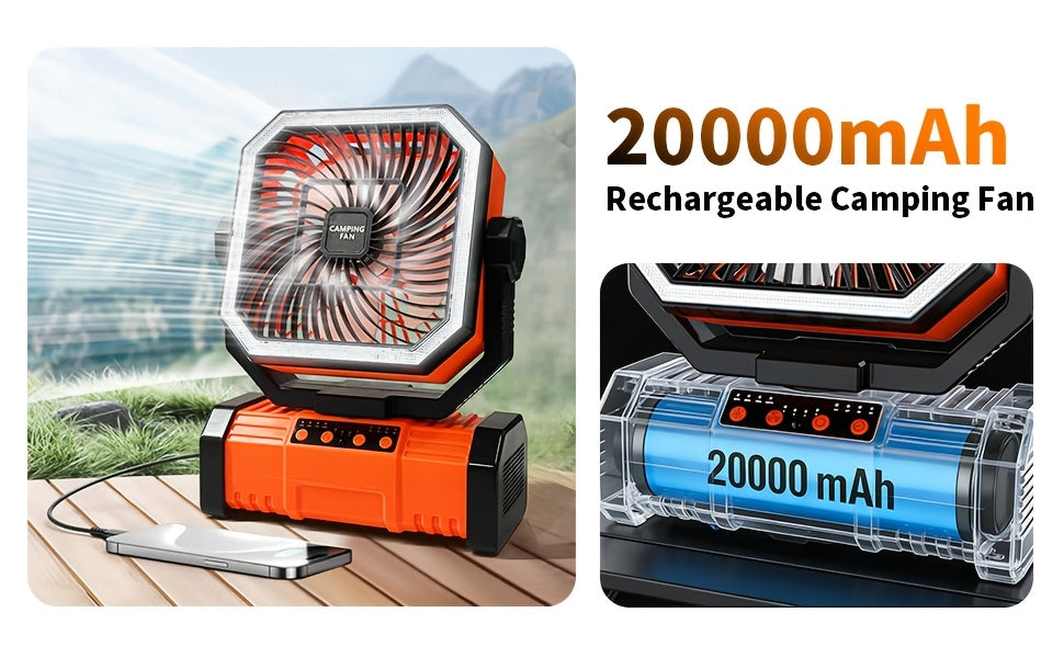 20000mAh Portable Camping Fan with Remote Control, LED Lights, 4 Speeds & 360° Rotation – Rechargeable Battery Operated Oscillating Tent Fan for Outdoor Camping, RV & Travel