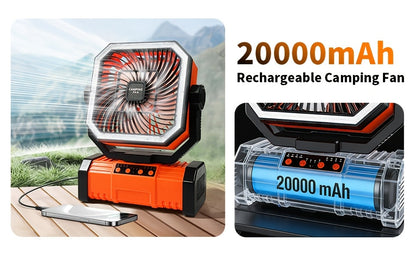 20000mAh Portable Camping Fan with Remote Control, LED Lights, 4 Speeds & 360° Rotation – Rechargeable Battery Operated Oscillating Tent Fan for Outdoor Camping, RV & Travel