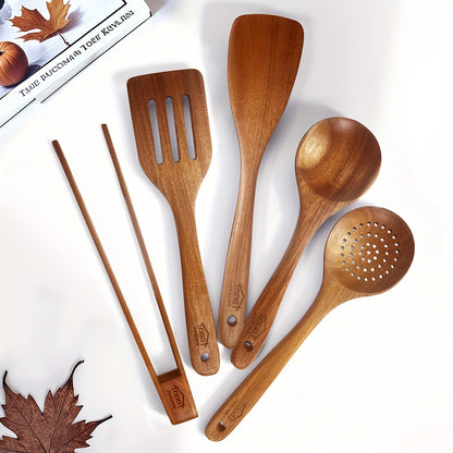 Wooden Kitchen Utensils Set 3/5/7 Piece, Natural Wood Spoons Spatulas Spurtle Ladle & Wok Spatula with Ergonomic Handles, Heat-Resistant Non-Stick Safe Heavy-Duty Cooking Tools for Home Kitchen