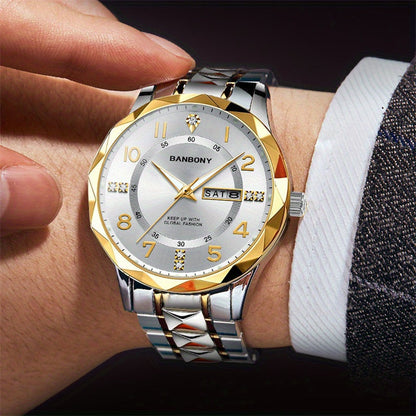 Stainless Steel Quartz Watch for Men & Women - Rhinestone Round Dial Luminous Display, Fully Automatic Multifunctional IPX7 Waterproof Wristwatch for Casual Sports, Holiday Birthday Gift