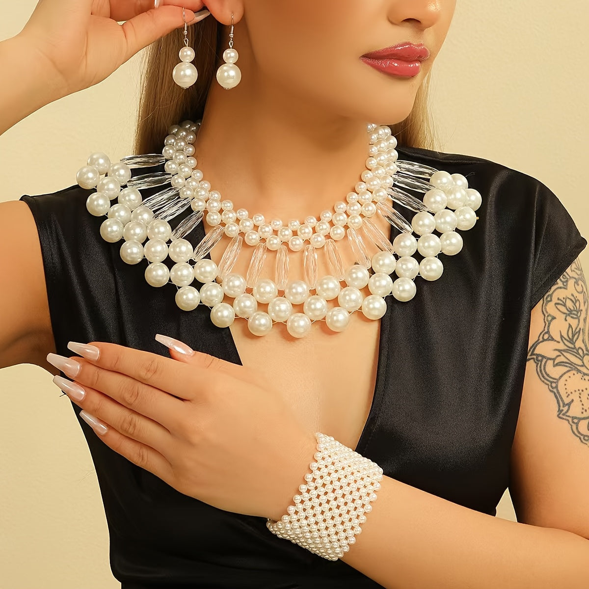 Bohemian Faux Pearl Tassel Necklace and Earrings Set Multi-Layered Handmade Bridal Jewelry Beaded Elegant Wedding Accessories Gift for Her