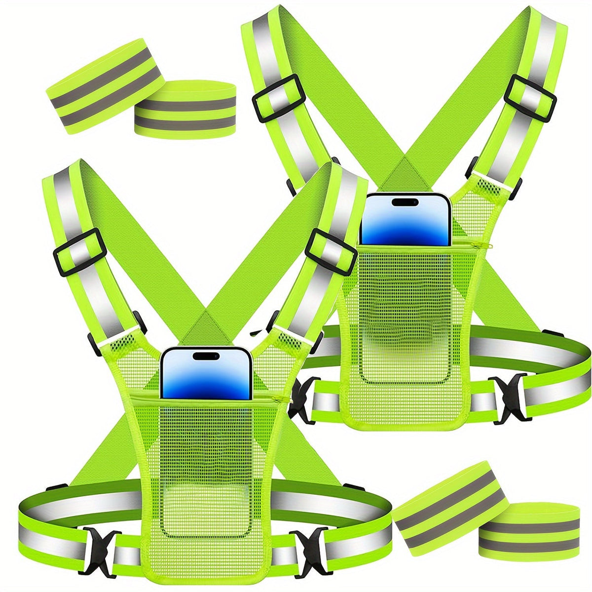 Reflective Running Vest 2-Pack with Phone Holder & 2 Reflective Bracelets – High Visibility Safety Gear for Men Women Jogging Dog Walking Cycling