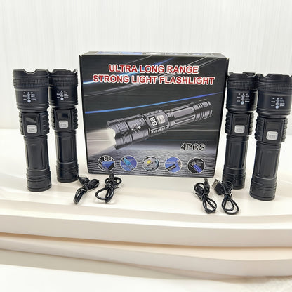 Rechargeable LED Flashlight 4-Pack - Super Bright Zoomable Spotlight, USB Charging, Long Range Tactical Work Light for Camping, Hiking, Emergency & Outdoor Survival, High-Power LED Torch Set