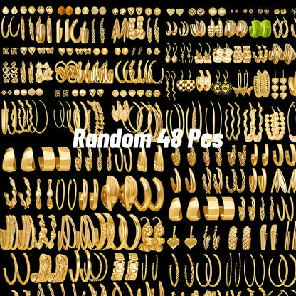 48 Pairs Boho Gold Tone Earring Set for Women – Assorted Minimalist Vintage Studs, Hoops & Dangles – Perfect for Casual, Parties, Holidays & Gifts