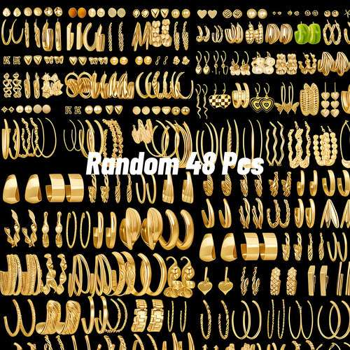 48 Pairs Boho Gold Tone Earring Set for Women – Assorted Minimalist Vintage Studs, Hoops & Dangles – Perfect for Casual, Parties, Holidays & Gifts