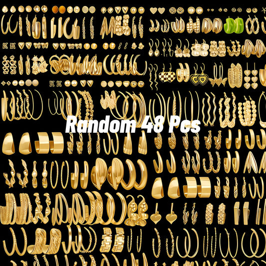 48 Pairs Boho Gold Tone Earring Set for Women – Assorted Minimalist Vintage Studs, Hoops & Dangles – Perfect for Casual, Parties, Holidays & Gifts