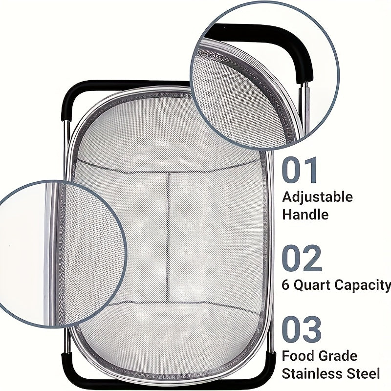 Expandable Stainless Steel Colander Strainer – Fine Mesh Drain Basket for Vegetables Fruits Pasta, Food-Safe Kitchen Essentials, Adjustable Size, Easy Storage