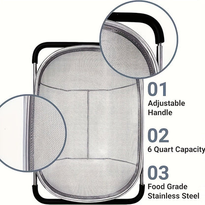 Expandable Stainless Steel Colander Strainer – Fine Mesh Drain Basket for Vegetables Fruits Pasta, Food-Safe Kitchen Essentials, Adjustable Size, Easy Storage